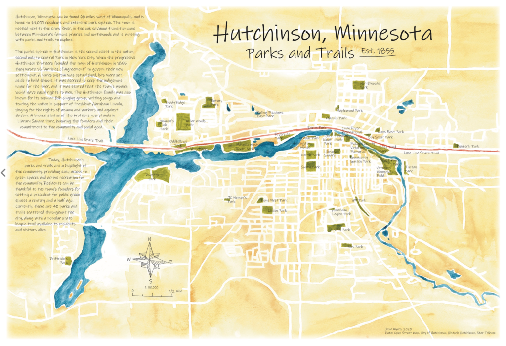 Hutchinson, Minnesota Parks and Trails in a watercolor style