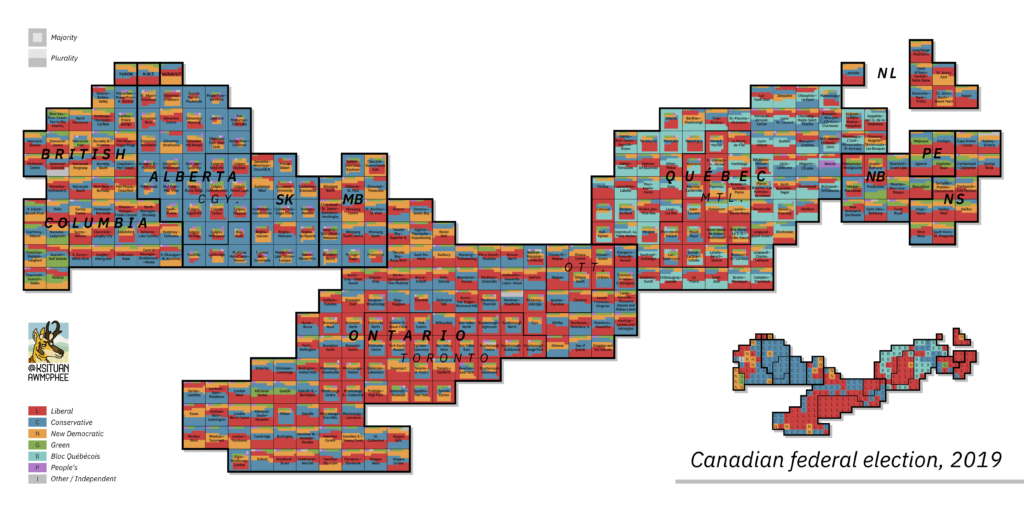 Canadian federal election 2019 results as a grid cartogram
