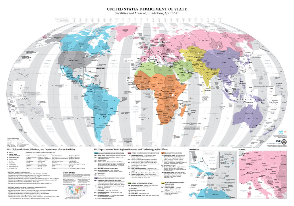 United States Department of State Facilities and Areas of Jurisdiction world map
