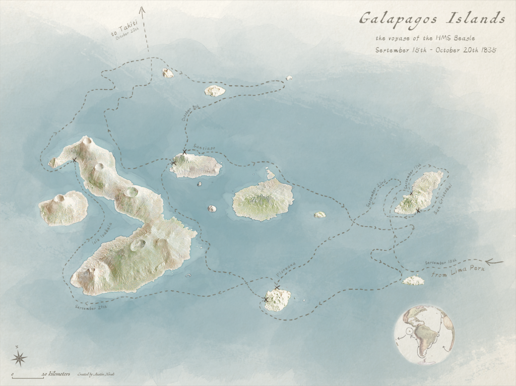 Galapagos Islands: Voyage of the HMS Beagle in a hand drawn style with 3D terrain