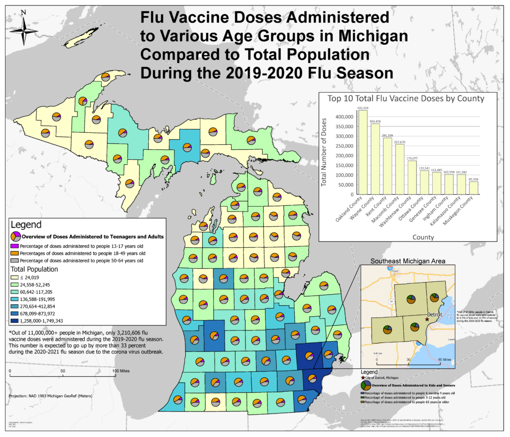 Flu Vaccine Doses Administered in Michigan During the 2019-2020 Flu Season map