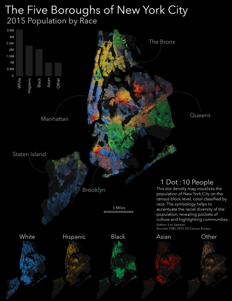 The Five Boroughs of New York City map showing 2015 population by race