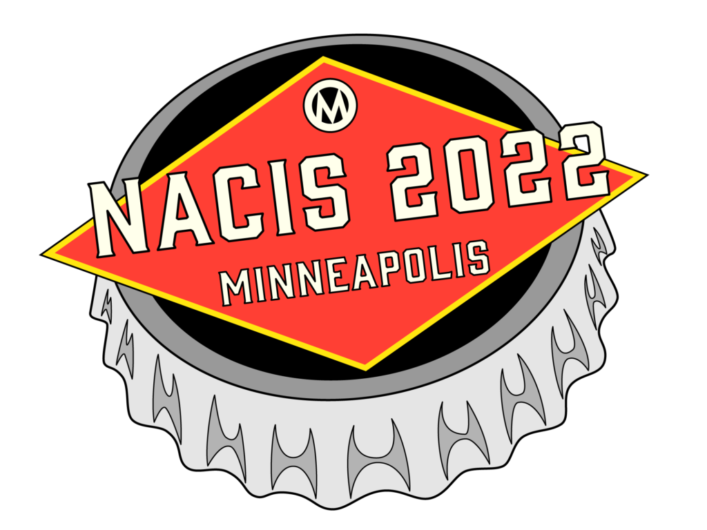 A conference logo for the North American Cartographic Information Society. The logo is shaped like a bottle cap and reads, "NACIS 2022 Minneapolis"