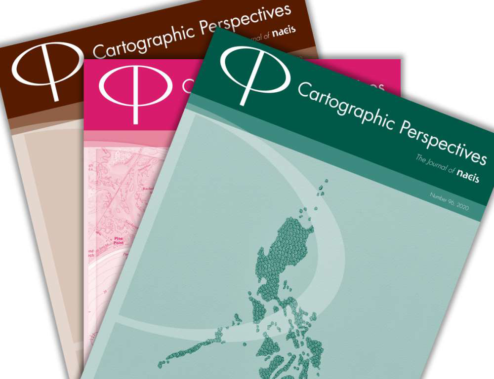 A photo of three issues of Cartographic Perspectives loosely fanned out