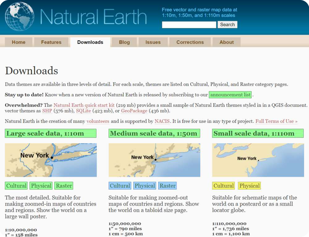 A screenshot of the Natural Earth website