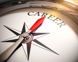 A compass with the north arrow pointing to the word "career"