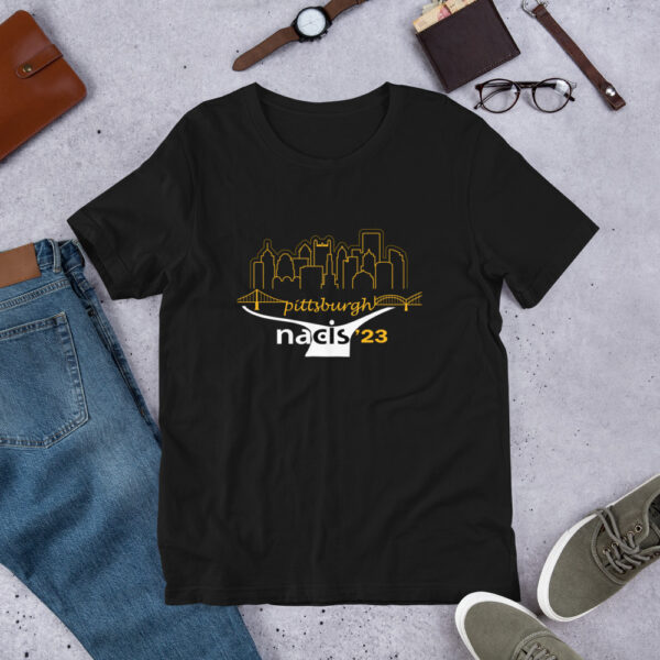 Pittsburgh city skyline with white river under bridge logo in gold on black t-shirt