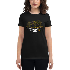 Pittsburgh city skyline with white river under bridge logo in gold on black t-shirt women's cut