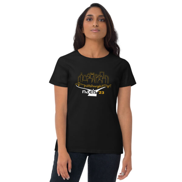 Pittsburgh city skyline with white river under bridge logo in gold on black t-shirt women's cut