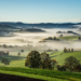 Image of a misty, hilly landscape